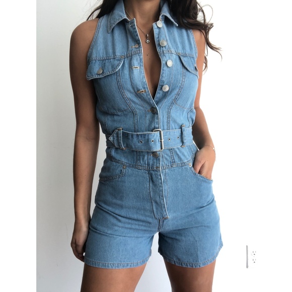 Vintage Pants - Vintage denim belted romper playsuit S